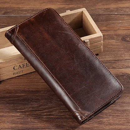 Premium retro-style cowhide leather wallet with hidden compartment, bill holder, change slot, and multiple card slots