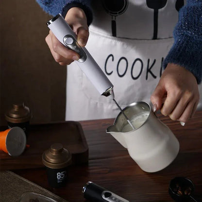 Premium cordless electric milk frother with stainless steel and plastic construction, designed for easy frothing and convenient use.