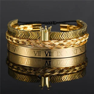 Crown-inspired braided bracelet set with stainless steel and copper construction for a retro-chic American and European style