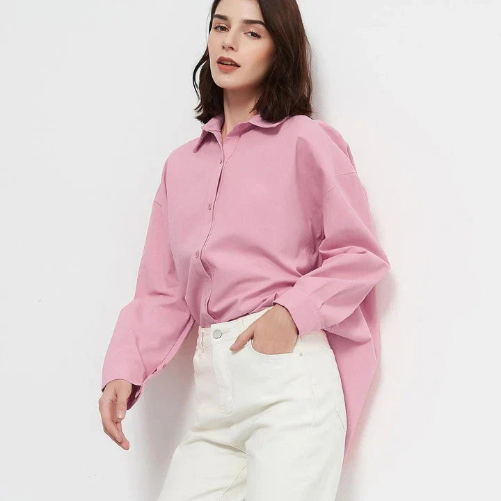 Autumn Rose Red Oversized Casual Blouse with classic turn-down collar and two-button closure