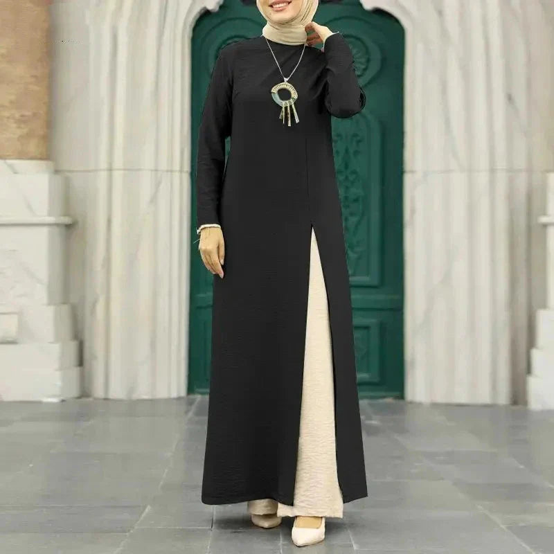 Elegant polyester dress with long sleeves, high slit hem, and available in caramel, black, blue, green, and pink colors