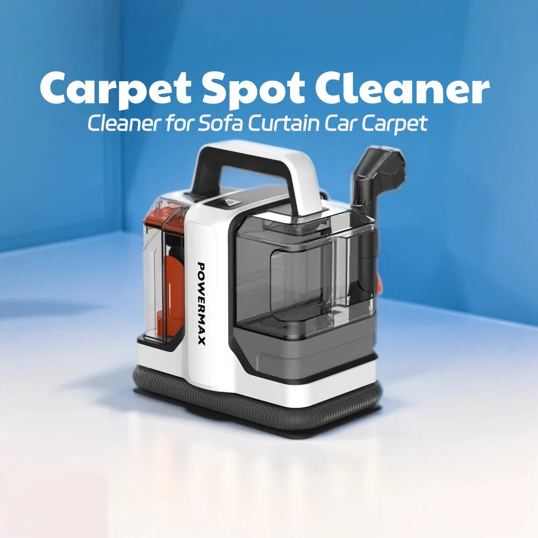 A powerful handheld carpet cleaner with robust suction and large water tanks for efficient cleaning of homes and cars.