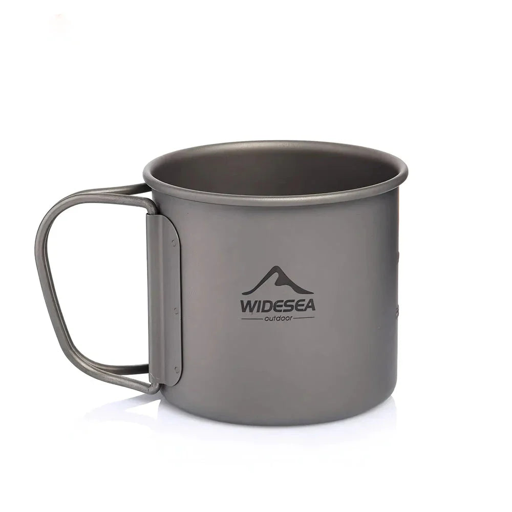 Titanium camping mug with lid, foldable design, available in multiple sizes for outdoor adventures