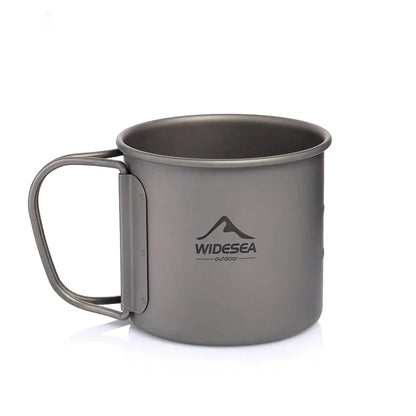 Titanium camping mug with lid, foldable design, available in multiple sizes for outdoor adventures