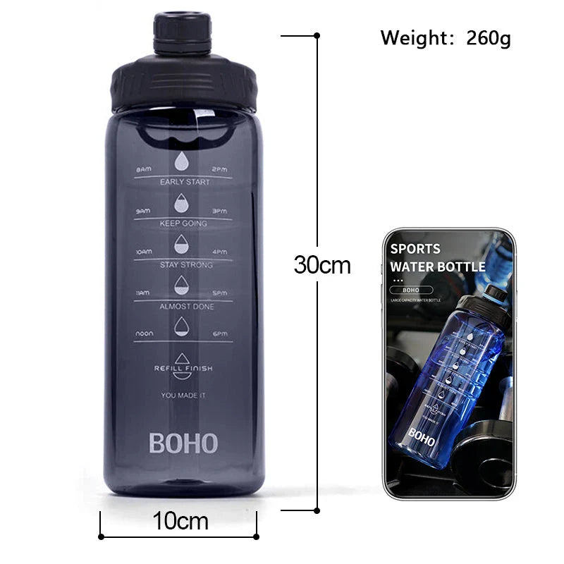 A large 2-liter water bottle with a straw, designed for active lifestyles and everyday hydration needs.