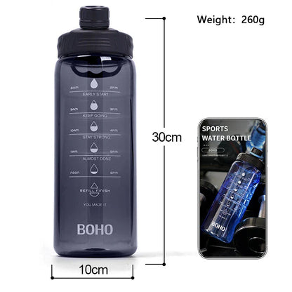A large 2-liter water bottle with a straw, designed for active lifestyles and everyday hydration needs.