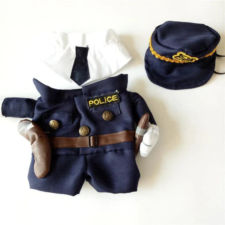 A soft, cotton pet costume designed as a policeman uniform, with a badge and cap, perfect for dressing up your dog or cat for Halloween or other celebrations.