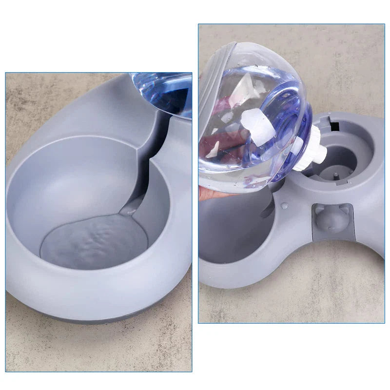 Automatic Pet Water Dispenser & Elevated Dual Cat Bowls - Gravity-fed water dispenser and tilted, elevated bowls for convenient and comfortable pet feeding