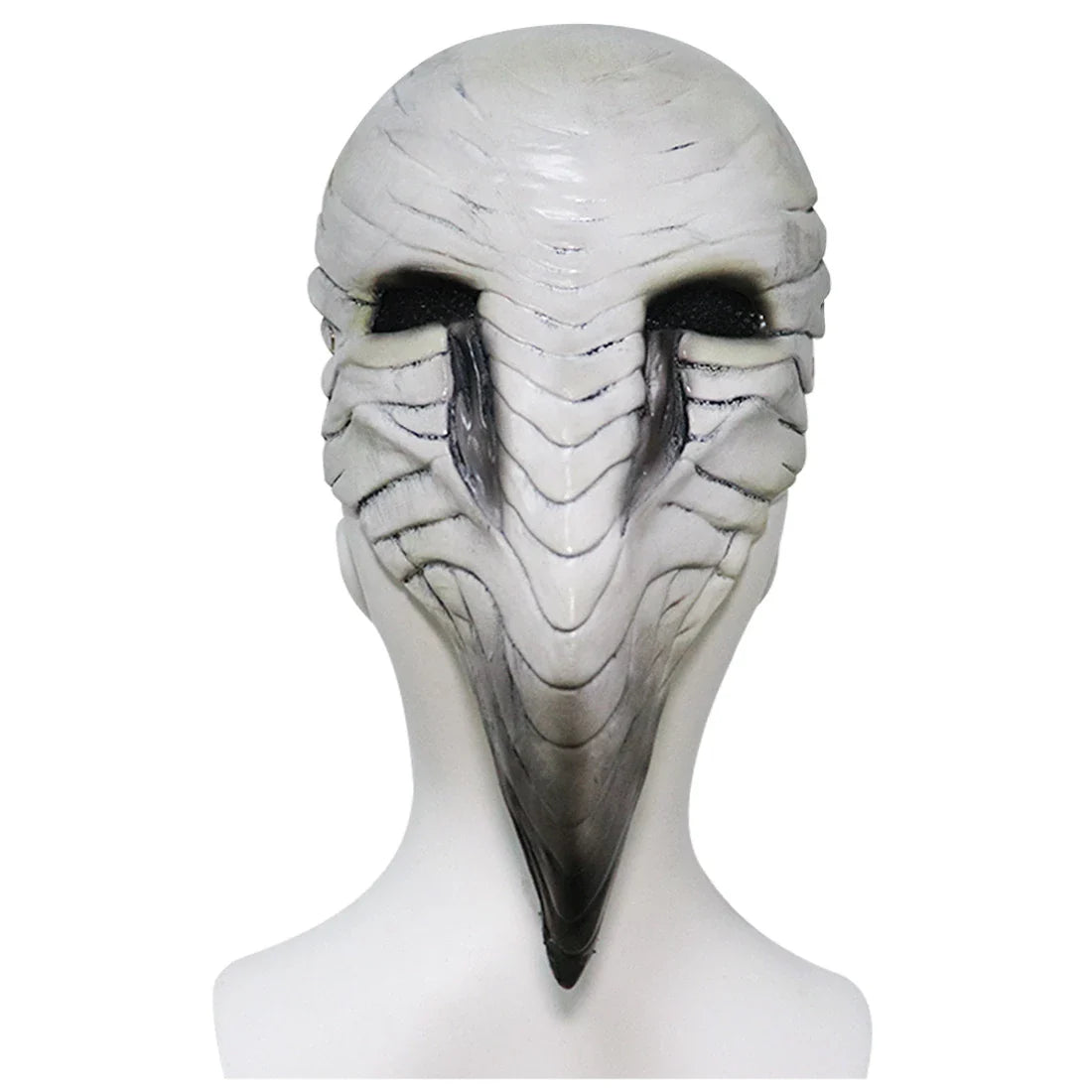 A chilling white latex plague doctor beak mask with a bone-colored finish, perfect for Halloween costumes and Gothic-inspired outfits.