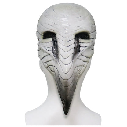 A chilling white latex plague doctor beak mask with a bone-colored finish, perfect for Halloween costumes and Gothic-inspired outfits.