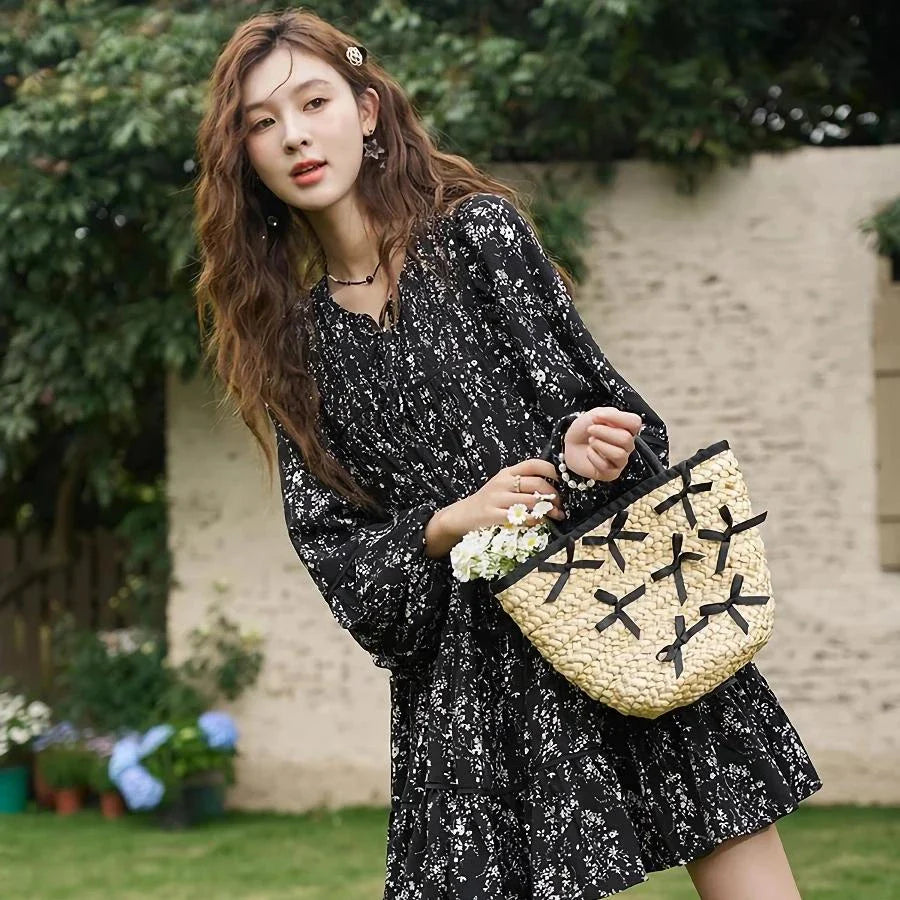 Floral print dress with flare sleeves, knee-length design, and loose, comfortable fit