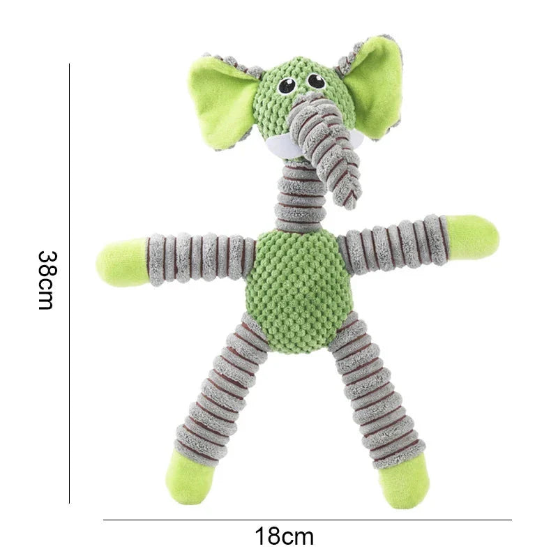 A high-quality plush pet toy with a squeaker, designed to be durable and promote dental health through interactive play.