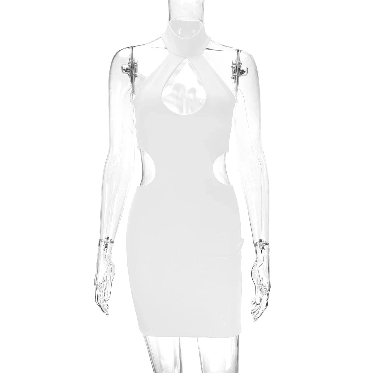 Backless midi skirt with halter neckline and trendy cutouts, available in white, black, and red colors