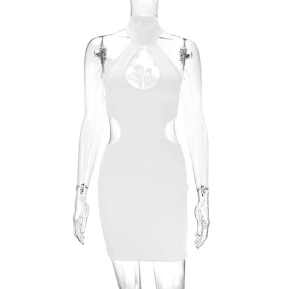 Backless midi skirt with halter neckline and trendy cutouts, available in white, black, and red colors