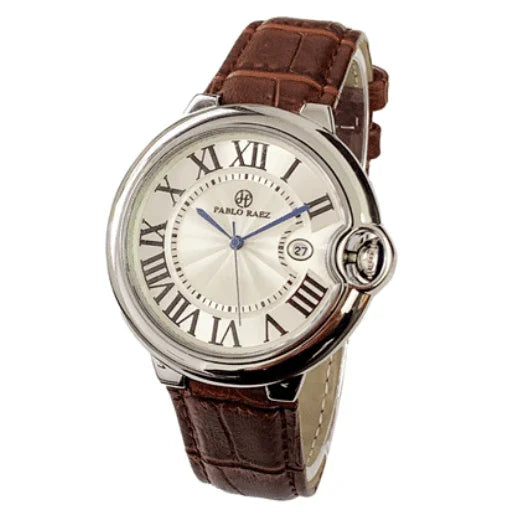 Stainless steel men's watch with large dial, calendar function, and adjustable band