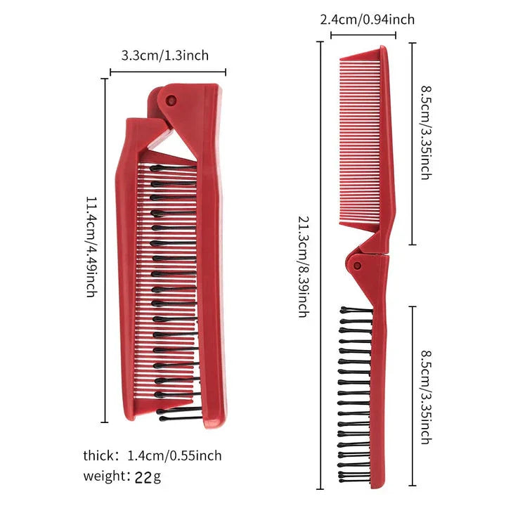 Red mini folding pocket comb with fine-tooth design, double-ended versatility, and compact, portable build
