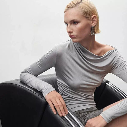 Grey asymmetrical collar ruched tee for women, featuring a sophisticated design and stretchy, durable fabric for all-day comfort and style.