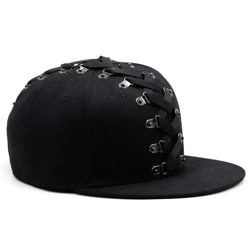 Punk Hip Hop Baseball Cap with Flat Brim, Adjustable Fit, and Handmade Rivet Detailing