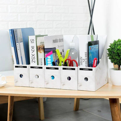 Elegant white desk organizer with compartments for storing documents, books, and office supplies