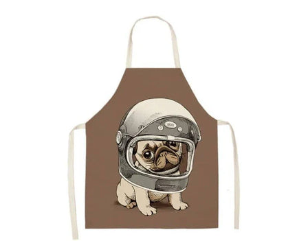 Charming pug-themed apron with a vibrant print, made of durable cotton and linen materials for practical kitchen use.