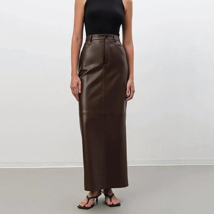 Elegant ankle-length faux leather skirt in vintage brown color, featuring a straight silhouette and empire waistline for a flattering fit.