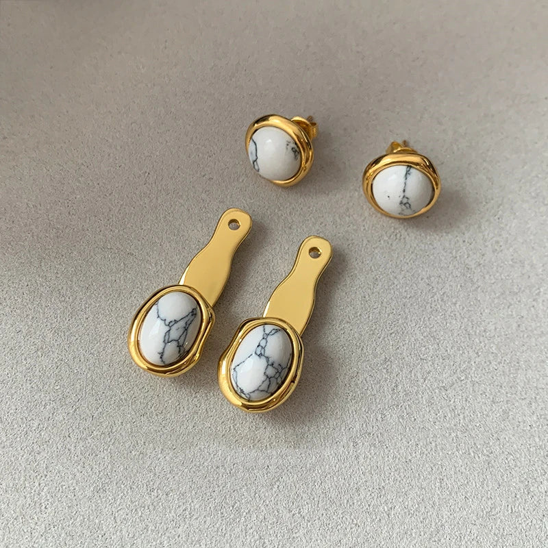 Chic marble-colored tiger eye retro earrings with geometric patterns and a removable upper round design