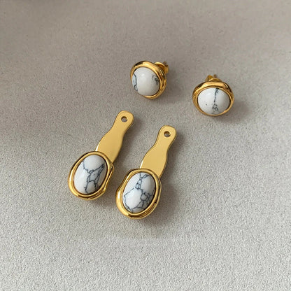 Chic marble-colored tiger eye retro earrings with geometric patterns and a removable upper round design