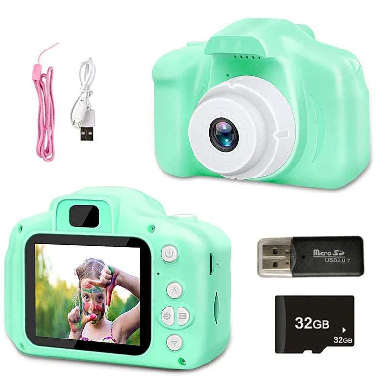 Kids mini HD digital video camera with 800W pixel sensor, 100-degree wide-angle lens, and 2.0-inch TFT screen