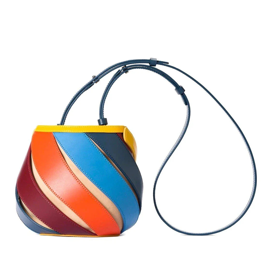 Colorful striped PU leather bucket handbag with adjustable strap and roomy interior