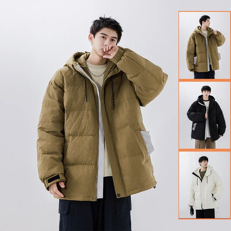 Premium youth insulated windbreaker jacket in black, beige, and brown colors with 90% white duck down insulation for warmth and wind protection
