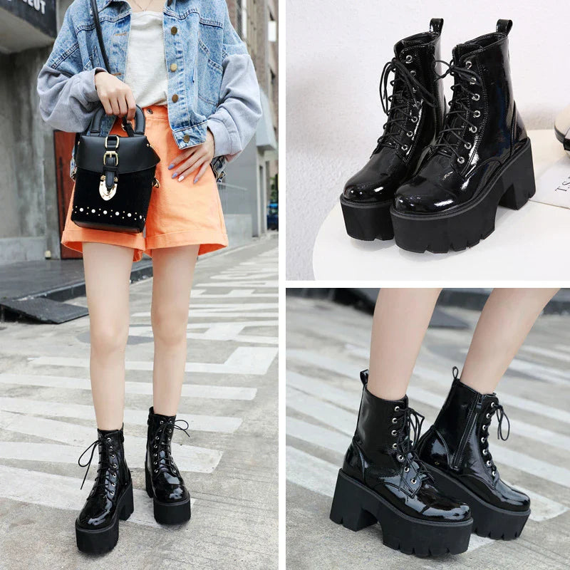 A pair of stylish lace-up high heel boots in black, featuring a sleek design and microfiber interior for comfort.