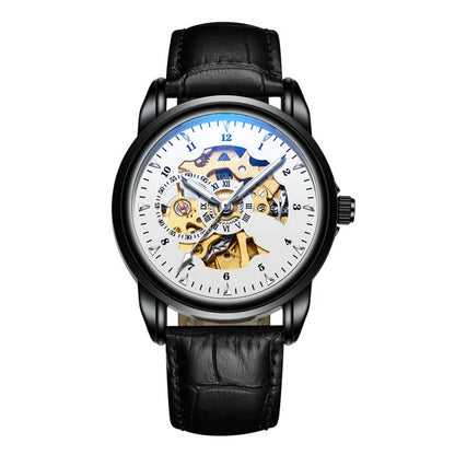 Trendha Men's Leather Waterproof Luminous Mechanical Watch with Black Steel Strap and Luminous Dial