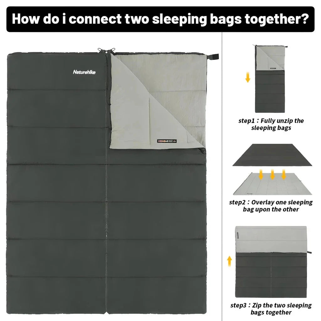 Cozy and lightweight ultralight double sleeping bag for outdoor adventures, featuring a versatile design, waterproof and machine-washable construction, and a comfortable temperature range.