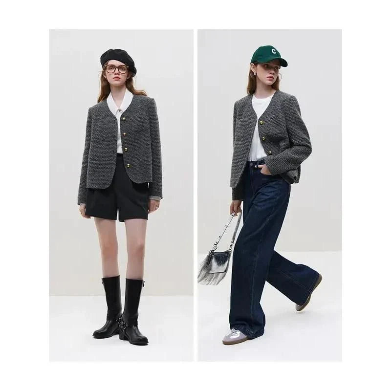 Sophisticated women's winter wool tweed jacket with stylish v-neck collar and single-breasted closure for a classic French look