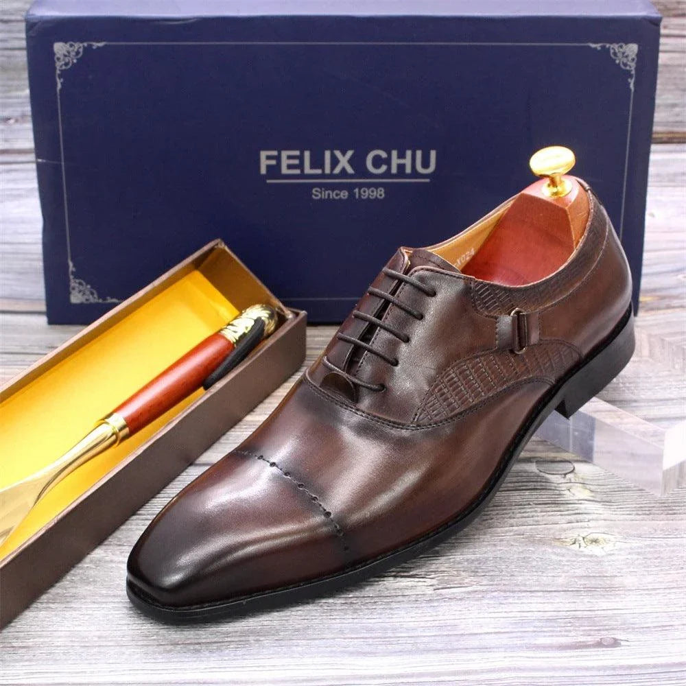 Premium handcrafted leather oxfords in brown with a pointed toe design, suitable for business and formal occasions.