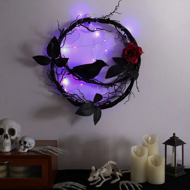 Spooky glowing deadwood crow garland with eerie branches and captivating black birds