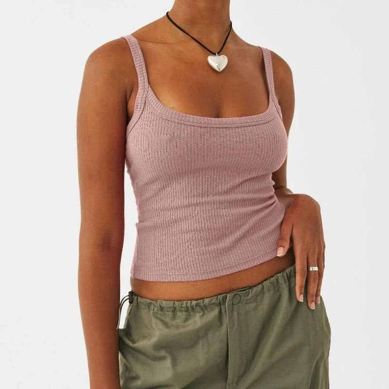 Chic Summer Sleeveless Knitted Top in Pink with Solid Pattern and Slightly Stretchy Knit Fabric