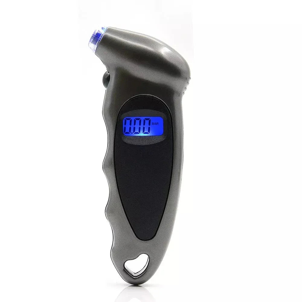 Digital tire pressure gauge with backlit LCD display, showing accurate readings in multiple units for various vehicle types.