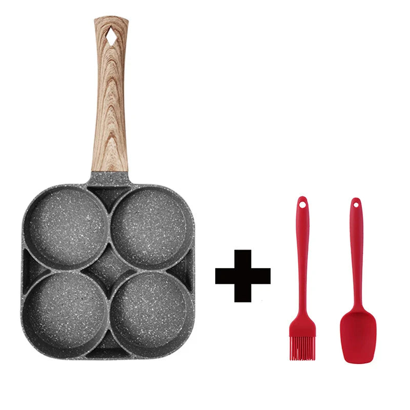 Deluxe 4-Hole Nonstick Omelette Pan with Silicone Spatula and Oil Brush for Perfect Omelets and Scrambles