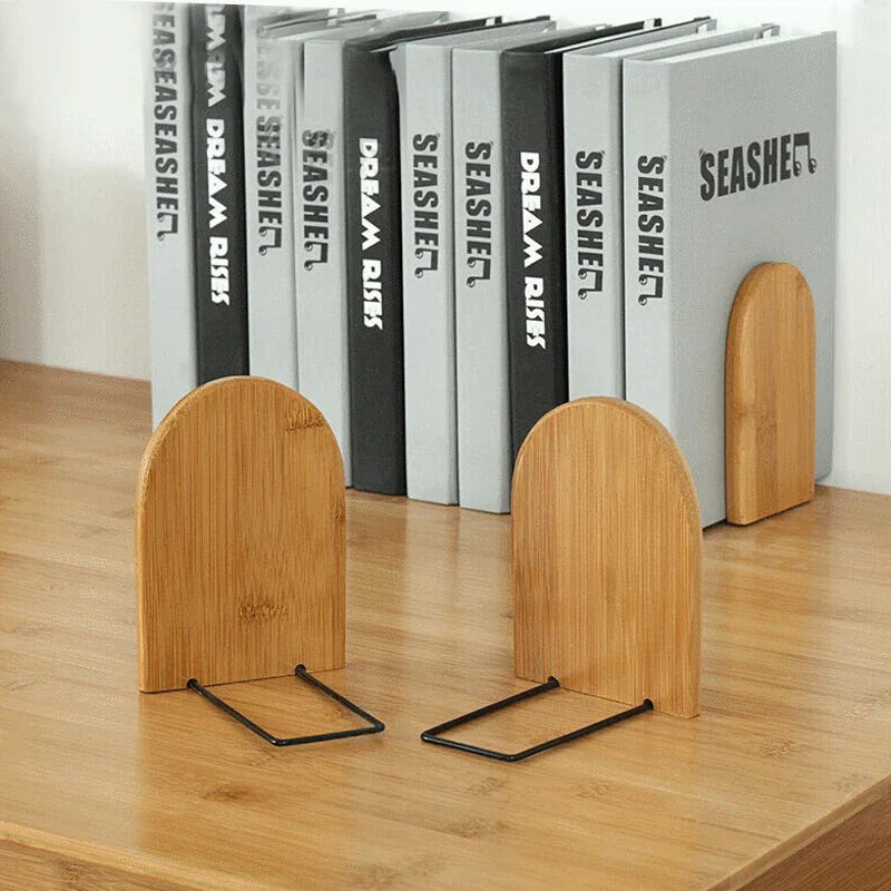 Bamboo book stand with natural wood finish, providing stable and stylish organization for books, files, and decor in home or office spaces.