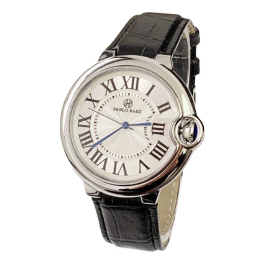 Stainless steel men's watch with large dial, calendar function, and adjustable band