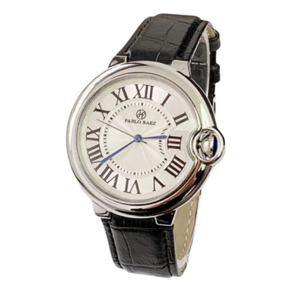 Stainless steel men's watch with large dial, calendar function, and adjustable band