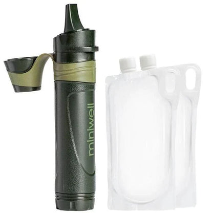Compact and lightweight portable water filter with advanced triple-stage filtration technology to remove bacteria, parasites, and harmful chemicals from any water source