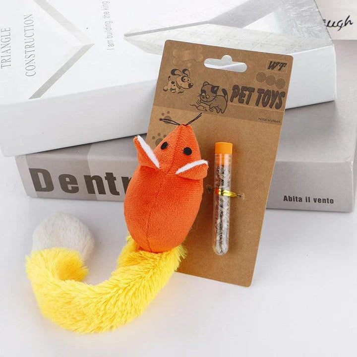 An orange long-tailed mouse-shaped teaser toy for cats, designed to captivate their attention and trigger natural hunting behaviors.