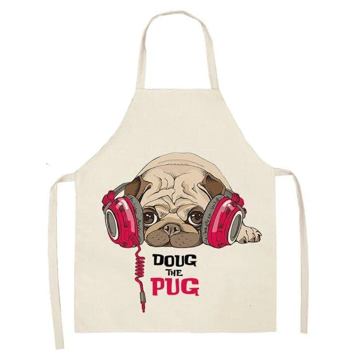 Charming pug-themed apron with a vibrant print, made of durable cotton and linen materials for practical kitchen use.