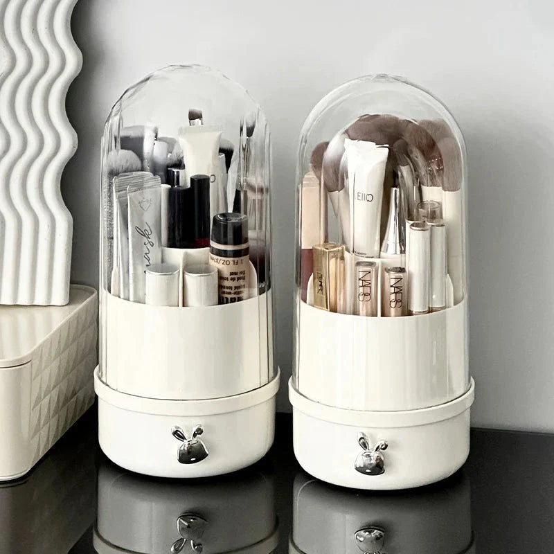 A 360-degree rotating makeup brush holder with a convenient drawer for storing brushes and other small makeup items