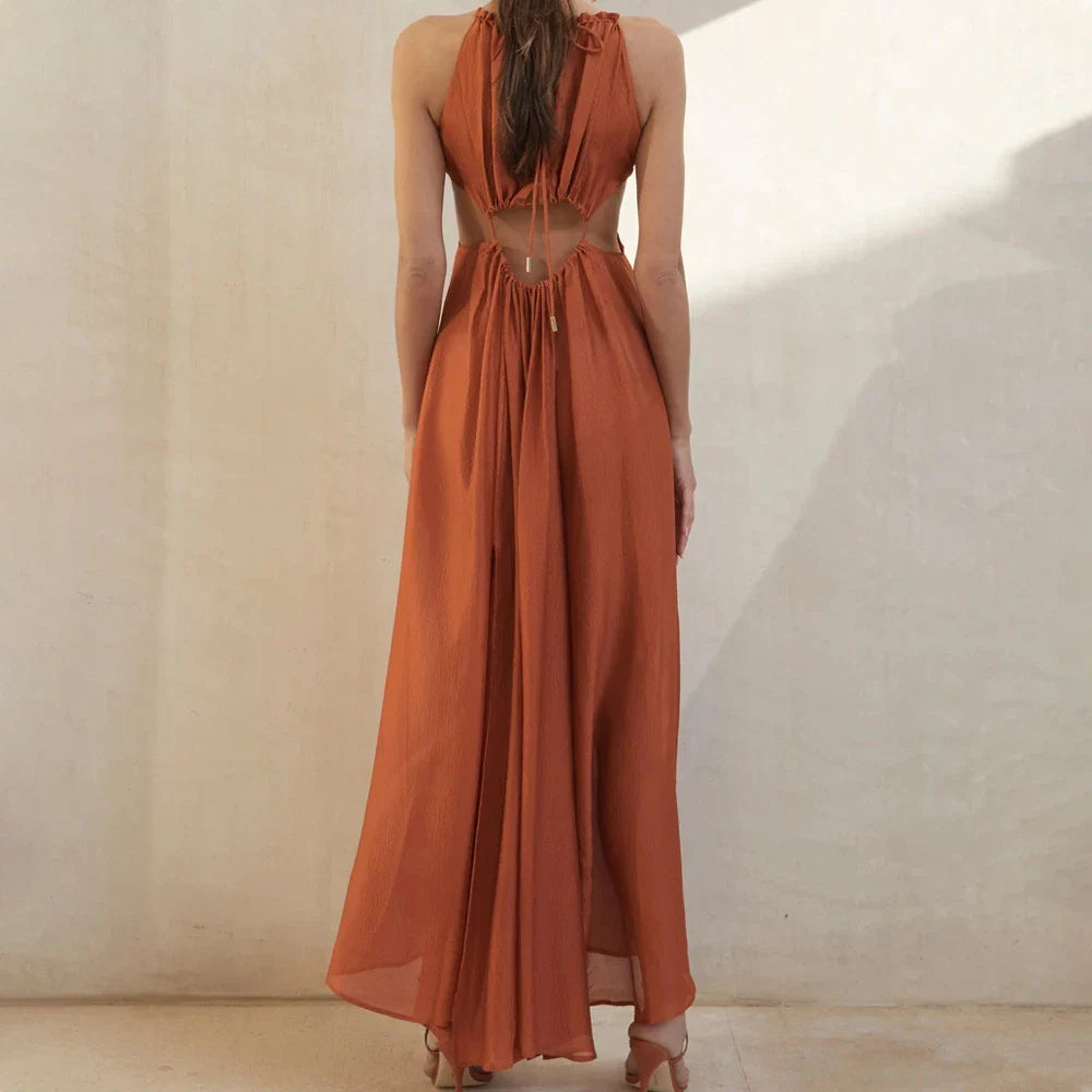 Elegant halter neck lace dress with a large, flowing swing skirt in a beautiful brick red color