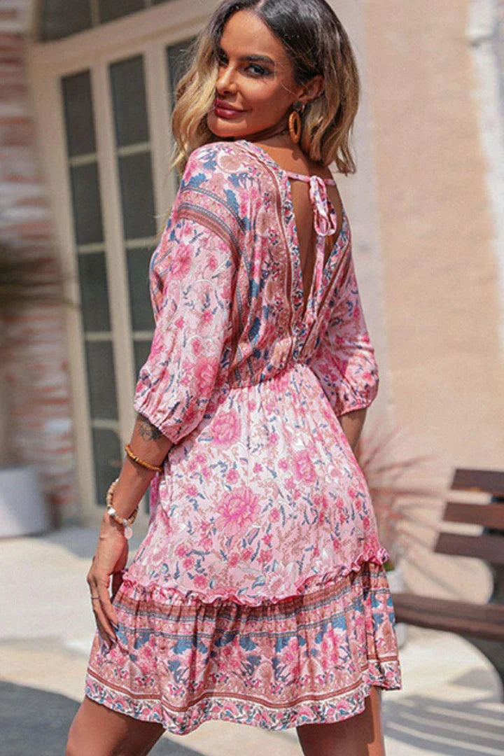 Chic bohemian v-neck dress with frill trim in pink, available in sizes S-XL