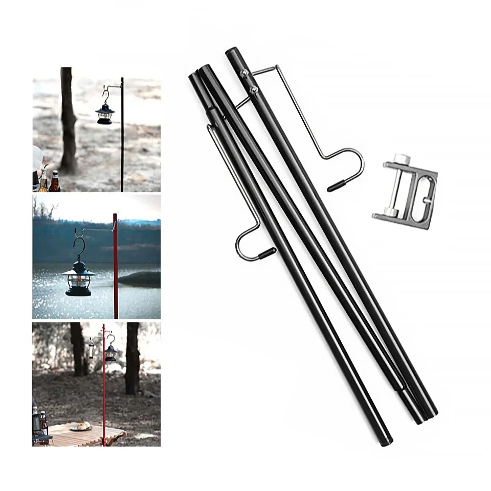 Adjustable camping lantern stand with detachable hooks for stable and elevated outdoor lighting