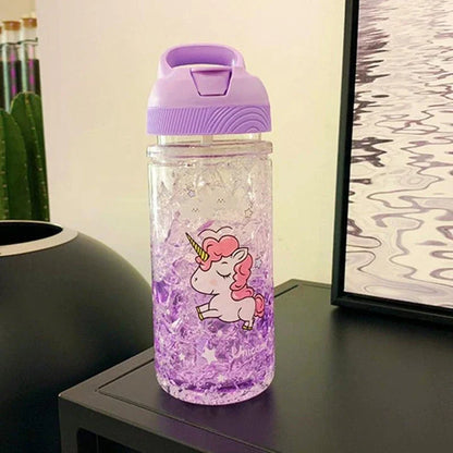 A reusable water bottle with a vibrant unicorn print design and dual straw feature, perfect for on-the-go hydration and adding a touch of whimsy to your day.